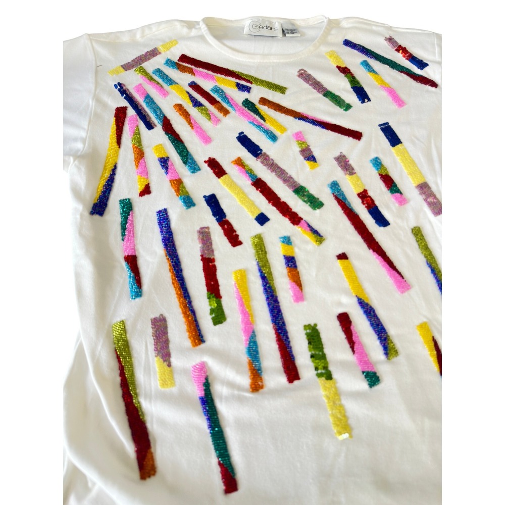 Cedars Vintage 90s White Sequin Beaded Abstract T-Shirt Womens M Oversized JS - Picture 3 of 11